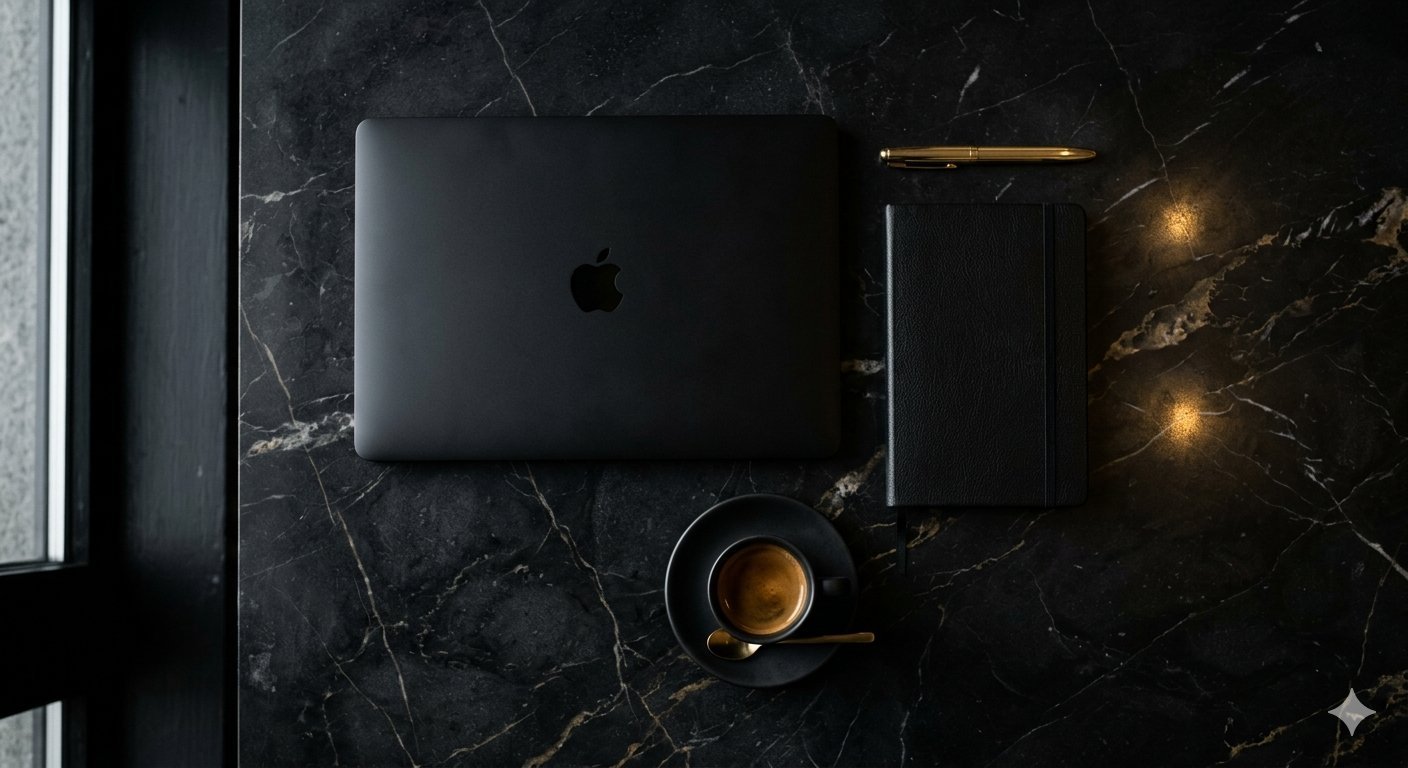 Luxury workspace — MacBook on black marble desk